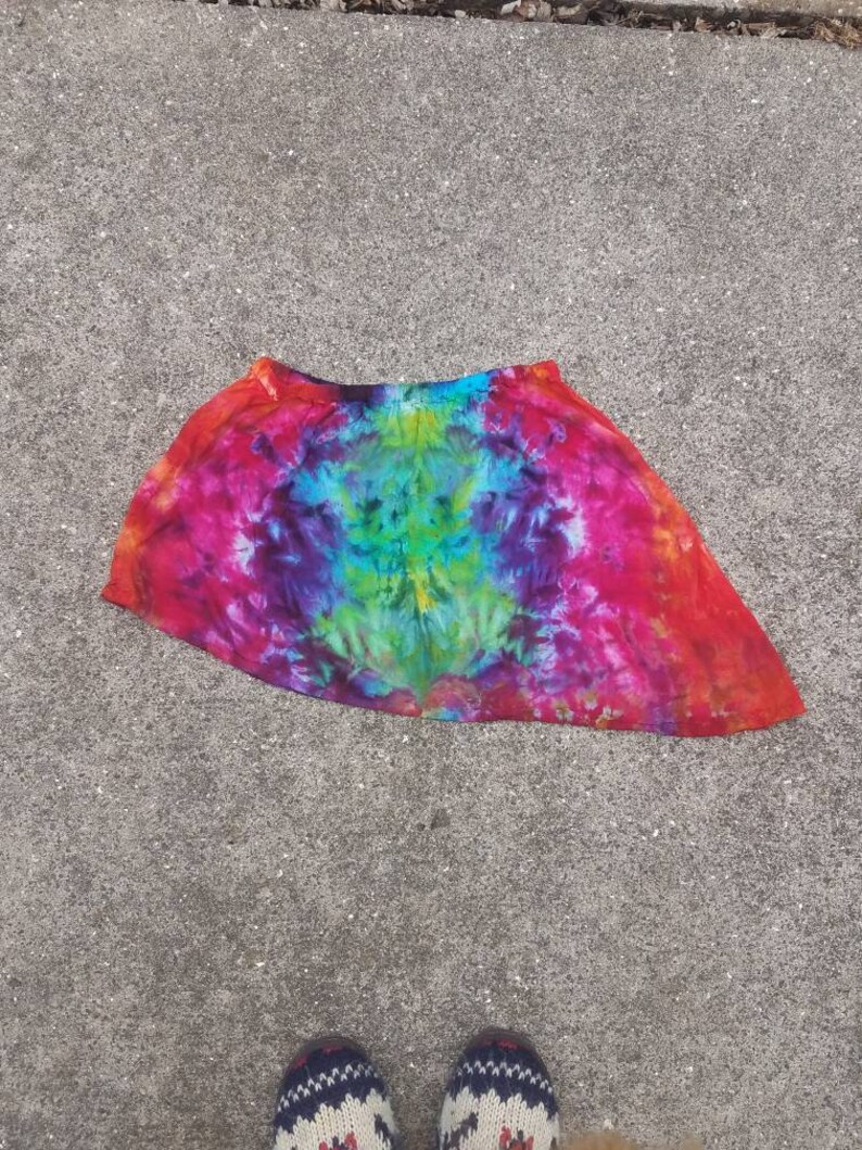 Large Mini Skirt Asymmetrical Pixie Cut Psychedelic Green Purple Red Orange Unique Tie Dye Rayon Over Skirt Trippy Hippie Festival Dance