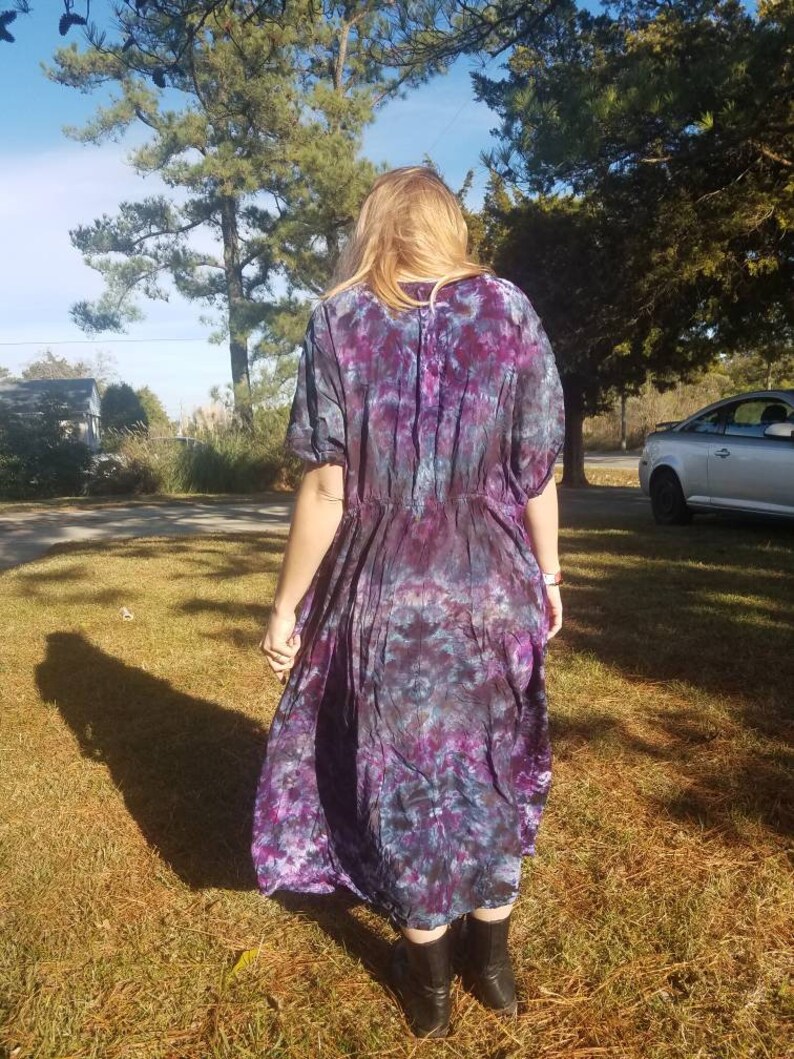 3XL Dress Lap Front Kimono Sleeve Dress Psychedelic Black Purple Dark Tie Dye Dress Plus Size Tie Dye V Neck Dress