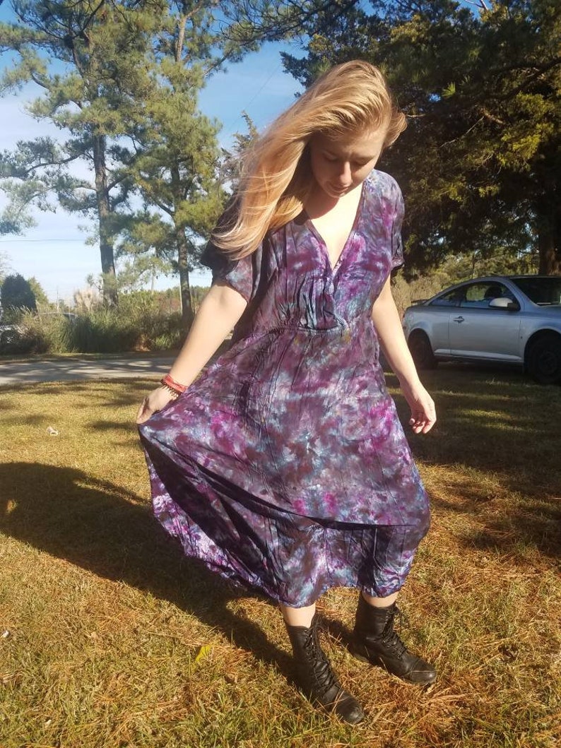 3XL Dress Lap Front Kimono Sleeve Dress Psychedelic Black Purple Dark Tie Dye Dress Plus Size Tie Dye V Neck Dress