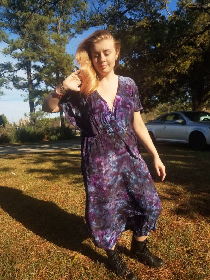 3XL Dress Lap Front Kimono Sleeve Dress Psychedelic Black Purple Dark Tie Dye Dress Plus Size Tie Dye V Neck Dress