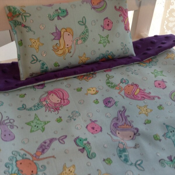 American Girl Doll Bedding Set, Bitty Baby, Mermaids and Friends, Handmade 2-Piece Set, Reversible Blanket/Coverlet, Matching Pillow