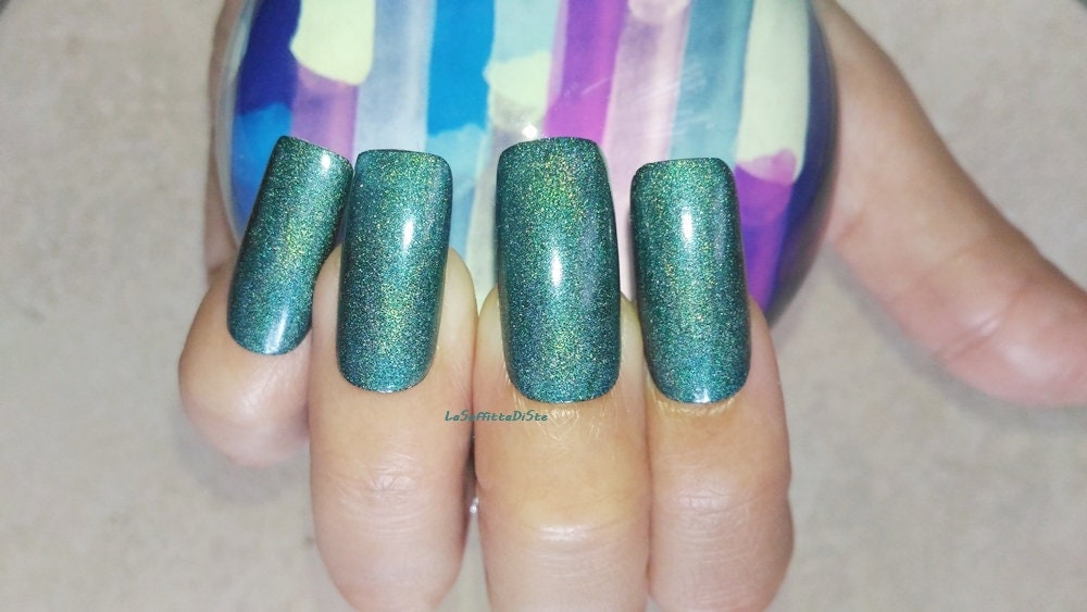 Fake Nails Teal Holographic False Nails Press On Green Etsy