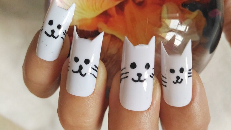 kitty false nails crazy cat lady fake nails kawaii white nail image 7