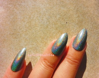 stick on nails holographic silver grey gray stiletto