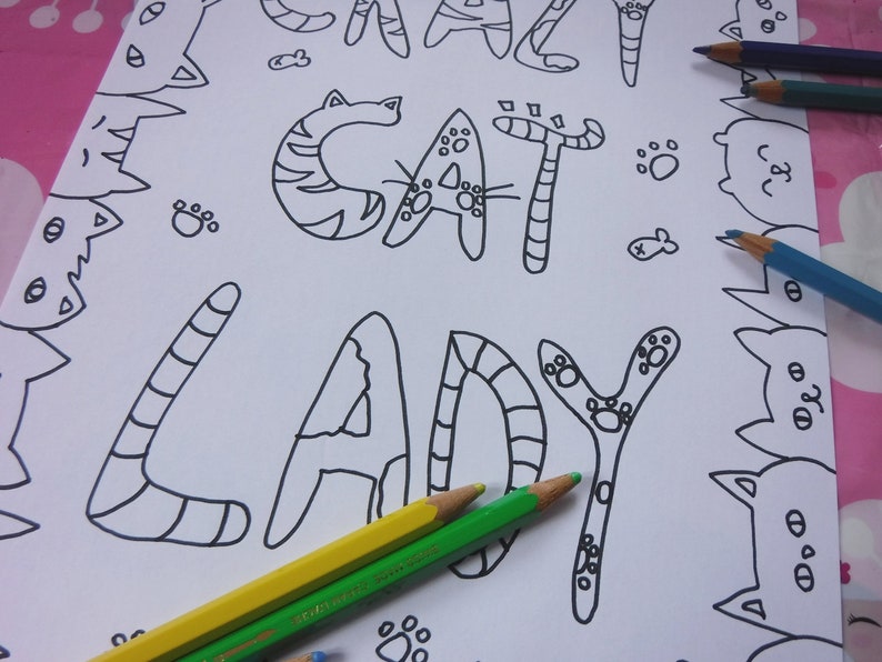 Download Crazy cat lady adult coloring page instant download | Etsy