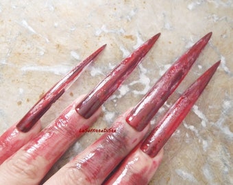 bloody nails halloween werewolf vampire blood witch zombie wolf talons claws long stiletto nails costume tips uñas cosplay lasoffittadiste