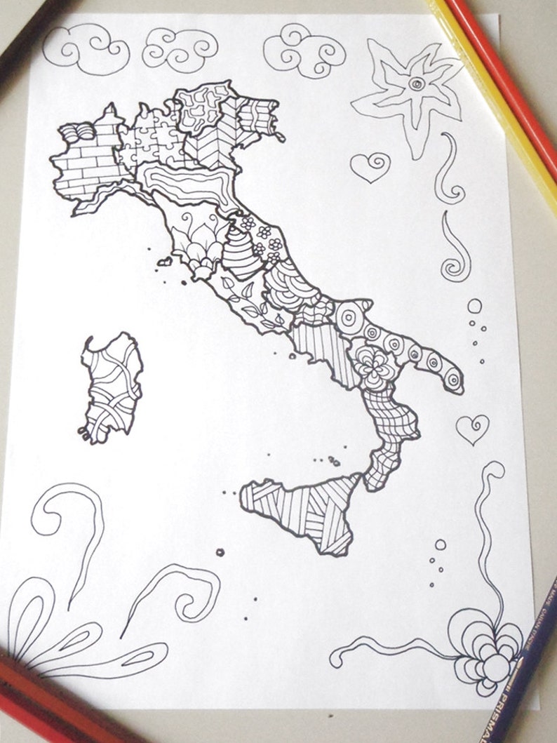 Italy Map Italian Adult Coloring Page Kids Travel Map Download Etsy