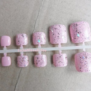 pastel pink toenails fake toe nails glitter false tips