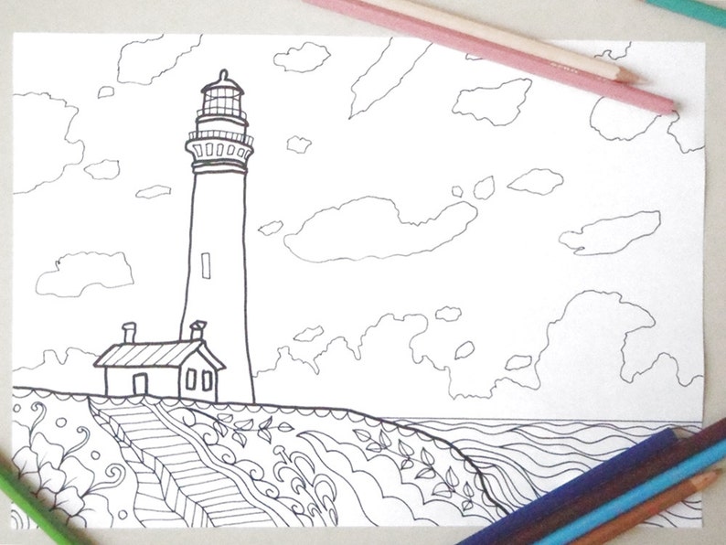 Lighthouse adult coloring book seascape sea ocean kids page | Etsy