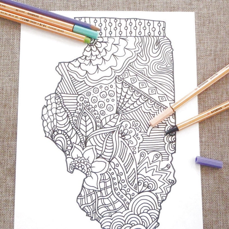 Illinois colouring map kids adult coloring tourist map | Etsy