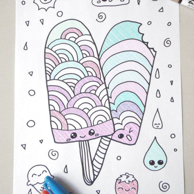 Kawaii coloring popsicle ice cream kids adult instant download | Etsy