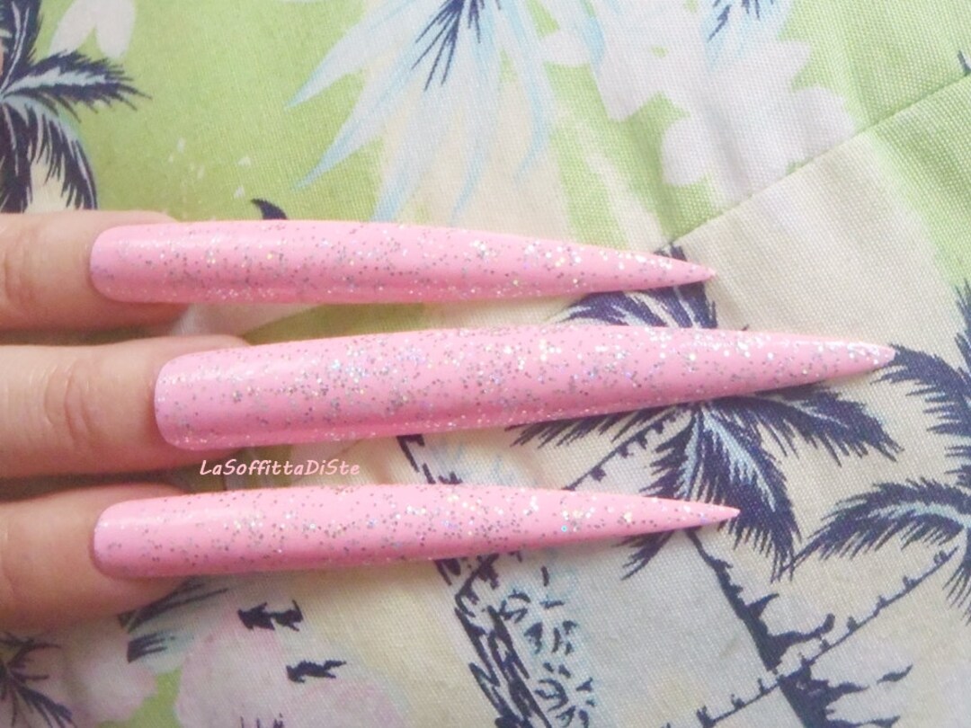 Glitter Pink Stiletto Nail Extra Long Wag Drag Queen Etsy