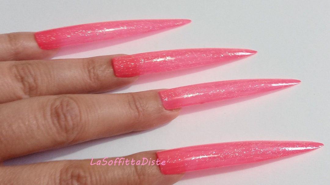 Hot Pink Glitter Stiletto Fake Nails Extra Long Wag Drag Queen - Etsy