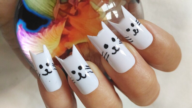 kitty false nails crazy cat lady fake nails kawaii white nail image 6