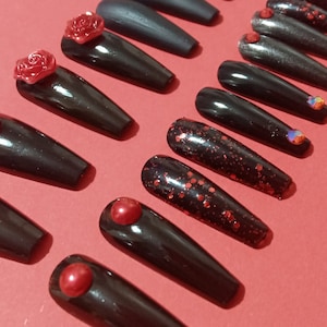 gothic long coffin fake nails, black and red 3d