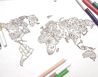 mondo cartina da colorare adulti bambini pagina scuola viaggiatore stampare stampabile instant download digitale planisfero lasoffittadiste