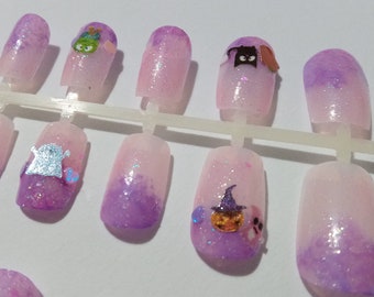 halloween gyaru pink and lilac stick on fake nails kawaii press on false nail art