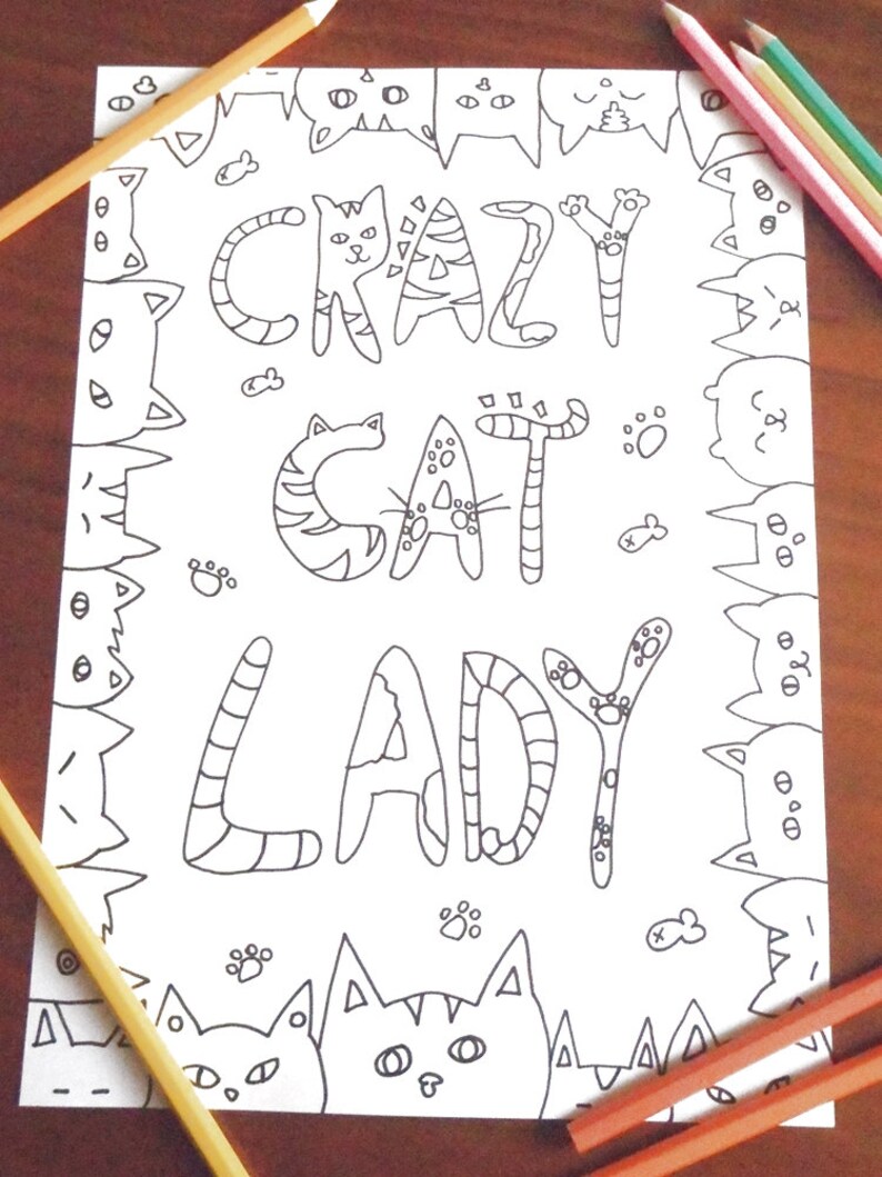 Download Crazy cat lady adult coloring page instant download | Etsy