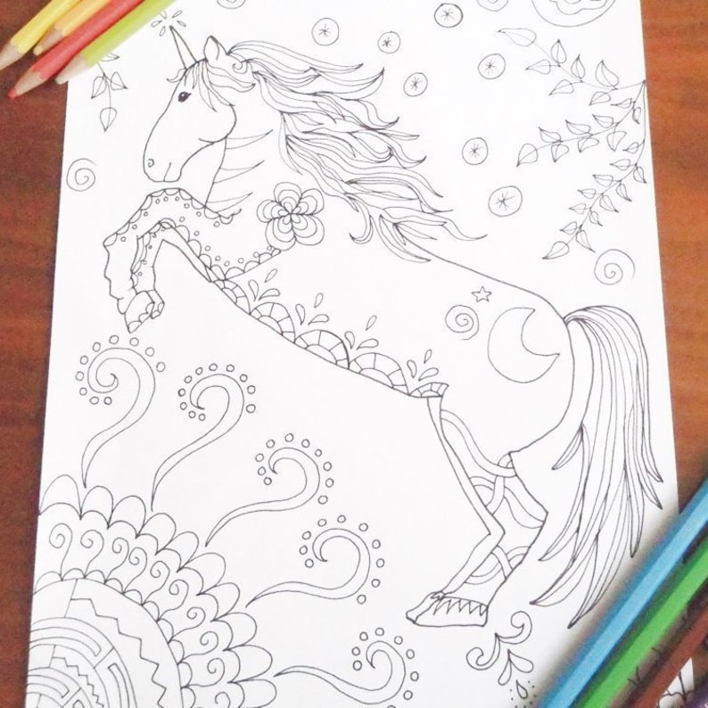 unicorn adult kids coloring page horse printable etsy
