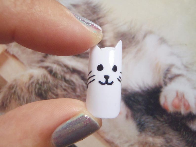 kitty false nails crazy cat lady fake nails kawaii white nail image 3