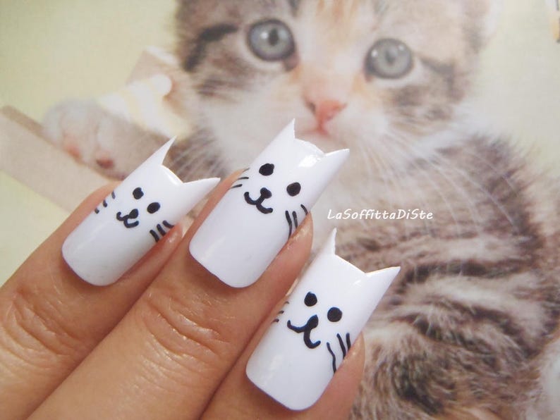 kitty false nails crazy cat lady fake nails kawaii white nail image 1