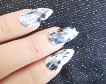 marble stiletto fake nails glossy almond false nails