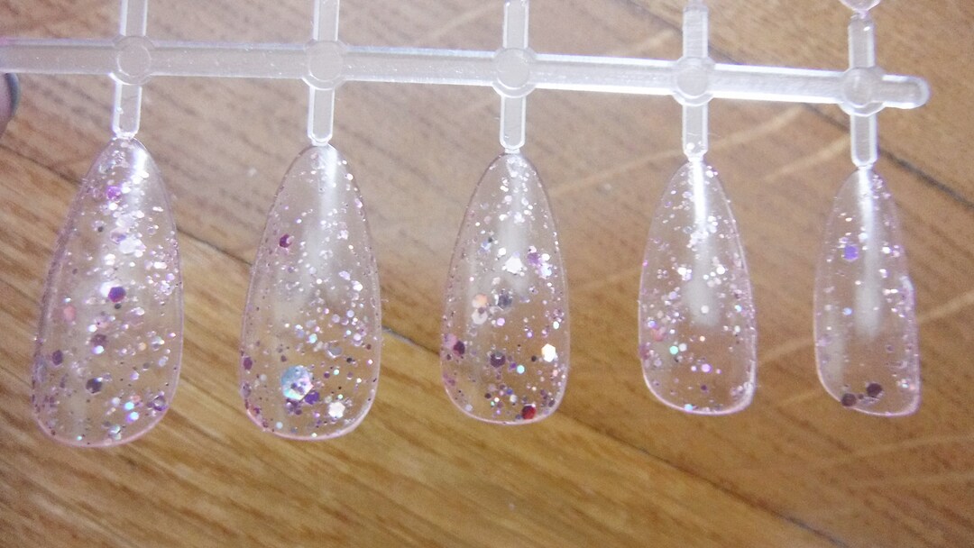 Glitter Pink Full Nails Clear Stiletto Fake Jelly Nails - Etsy