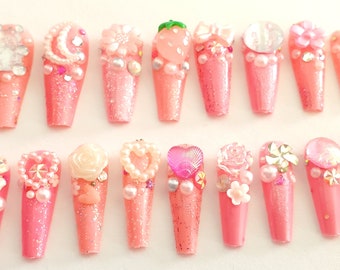 pink gyaru 3d long coffin nails false nails