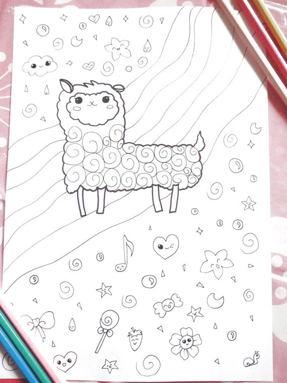 kawaii alpaca llama adult kids coloring page fantasy pastel | Etsy