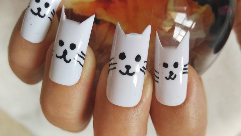 kitty false nails crazy cat lady fake nails kawaii white nail image 4