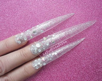 drag queen bling fake nails hime gyaru stick on extreme barbie reusable clear full tips false nails stiletto long cosplayer lasoffittadiste