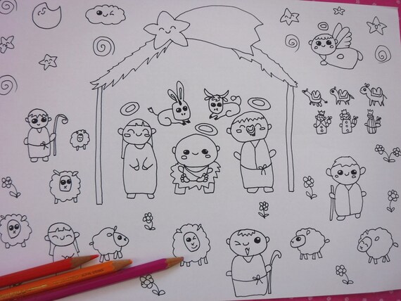 Nativity Kids Coloring Kawaii Chibi Cute Christmas Navidad