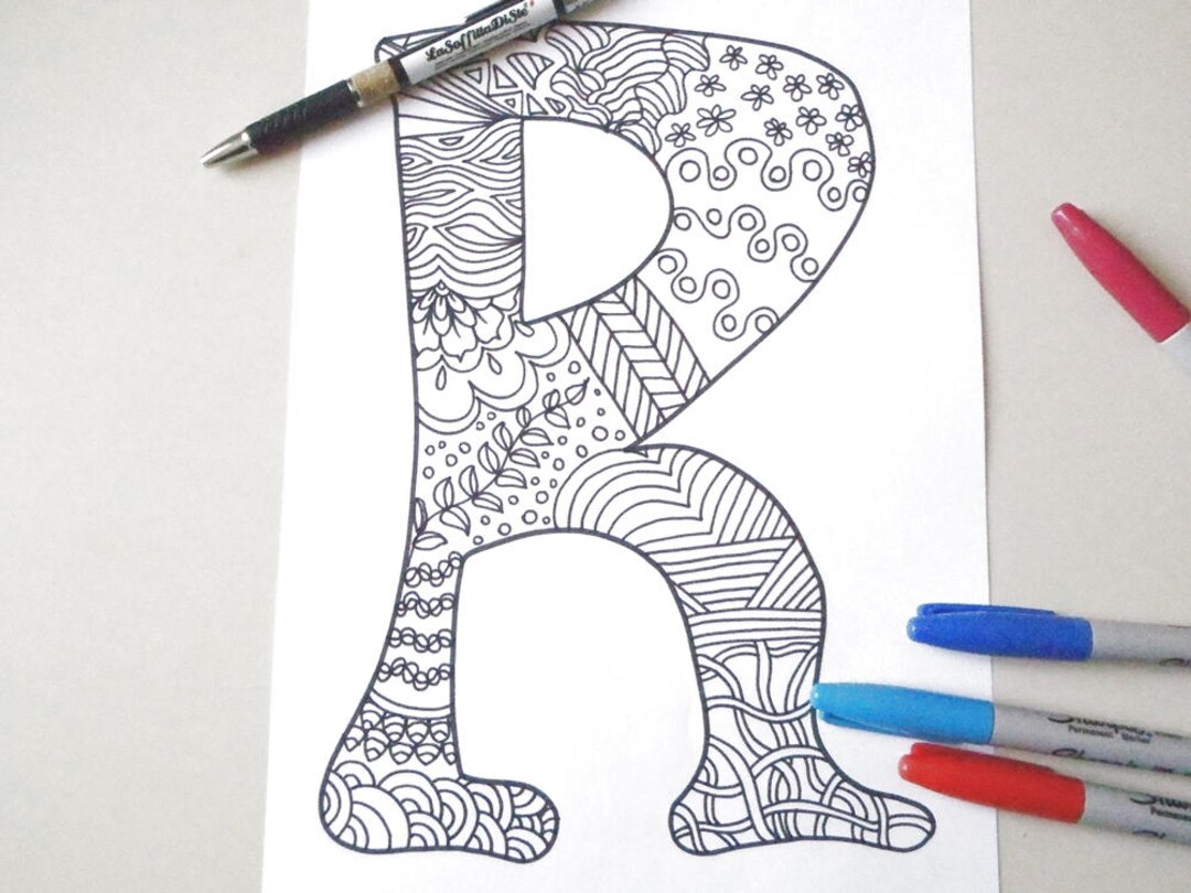 R Letter Colouring Alphabet Zentangle Kids Doodle Zen Adult Coloring ...