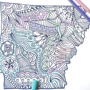 HERUNTERLADEN Sie die Karte von Arkansas im Doodle-Stil zum Ausmalen, für Erwachsene und Kinder, Geographie, lernen, Schule, ausdruckbar, digital, USA, Lasoffittadiste