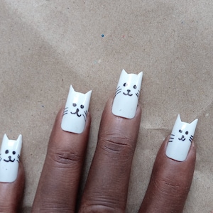 kitty false nails crazy cat lady fake nails kawaii white nail art