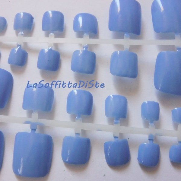 24 hand painted toe false nails denim pastel blue fake nails