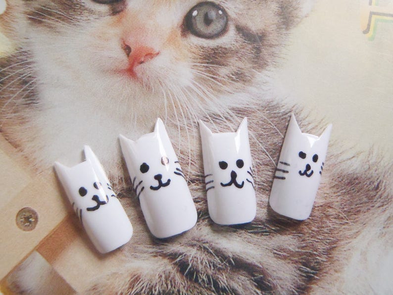 kitty false nails crazy cat lady fake nails kawaii white nail image 5