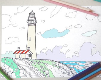 lighthouse adult coloring book seascape sea ocean kids page download colouring art therapy book meditation printable digital lasoffittadiste