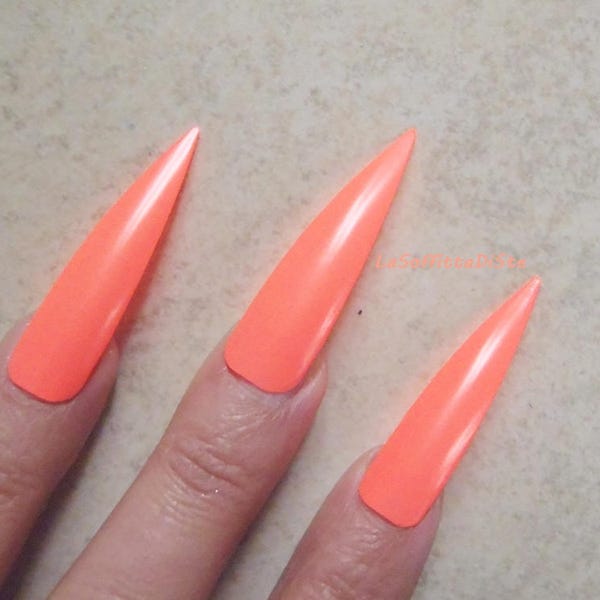 fake nails coral pink neon stick on medium long stiletto costume drag queen false nail uñas quirky cosplay men pointy lasoffittadiste