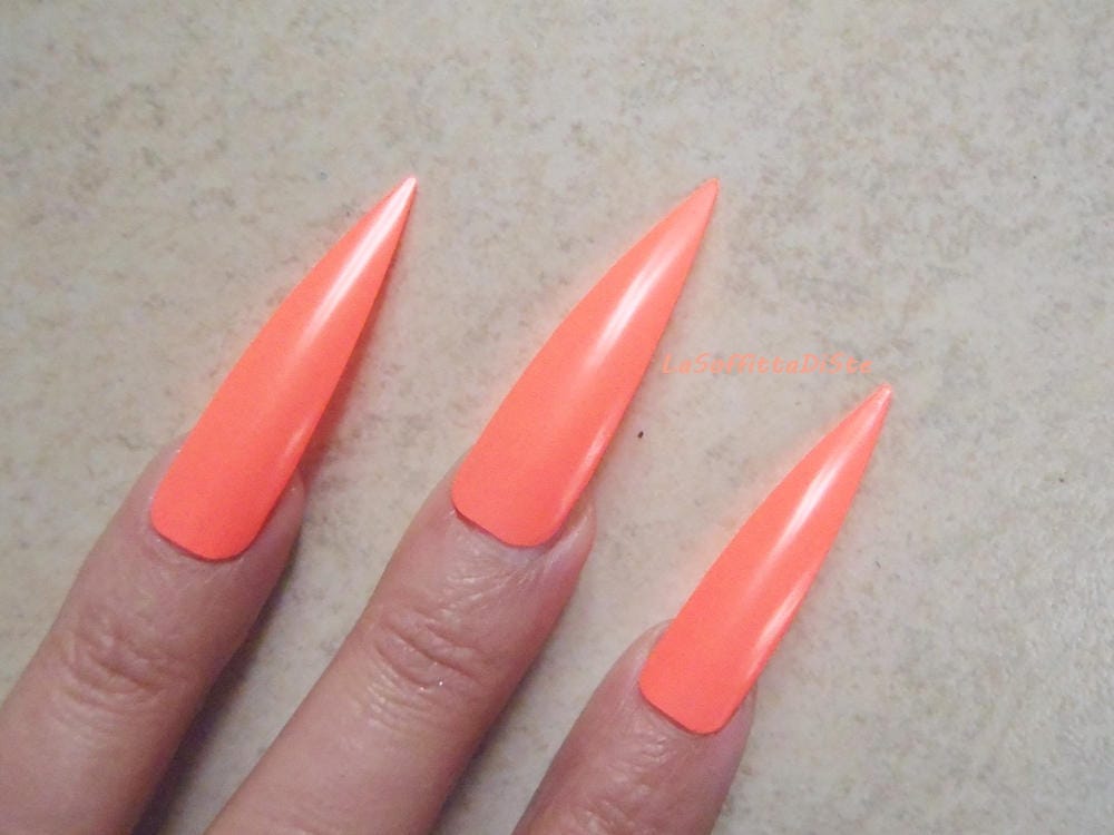 fake nails coral pink neon medium long stiletto nails costume | Etsy