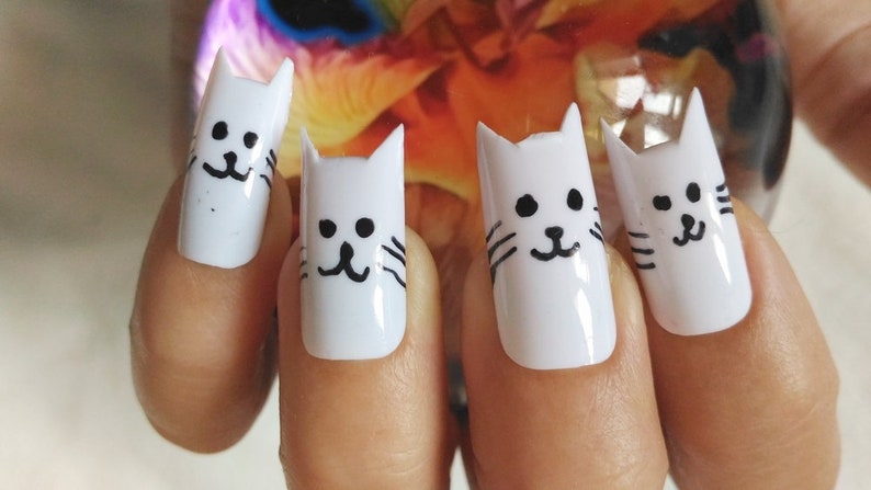 kitty false nails crazy cat lady fake nails kawaii white nail image 8