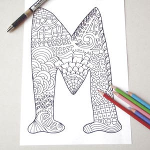 monogram m to colour coloring page alphabet m kids adult lettering download spelling art home decor printable print digital lasoffittadiste