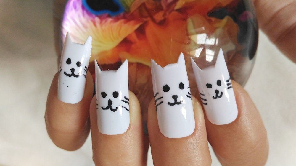 Kitty false nails crazy cat lady fake nails kawaii white nail | Etsy