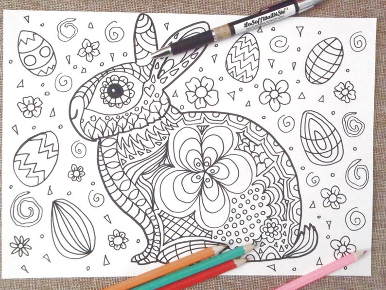 Easter bunny card chibi kids coloring kawaii rabbit adults | Etsy