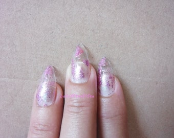 fake nails pink foil clear stiletto press on jelly nails