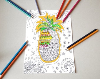 digital tropical pineapple, adult colouring