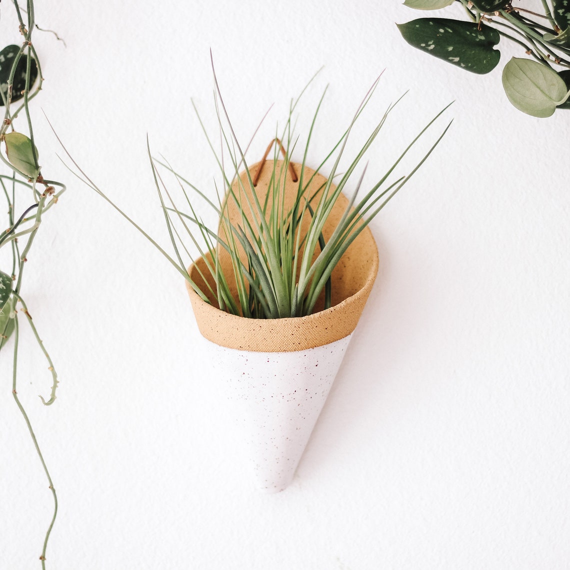 10 Fun Wall Hanging Planters To Bring Nature Indoor 2 May include: A white ceramic cone-shaped planter with a tan rim and a brown leather strap. The planter is hanging on a white wall and contains a green air plant.
