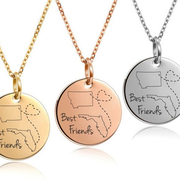 State to state, long distance relationship neckalce, best friends, besties, gift for friends gift for wife, silver, yellow or rose gold disc