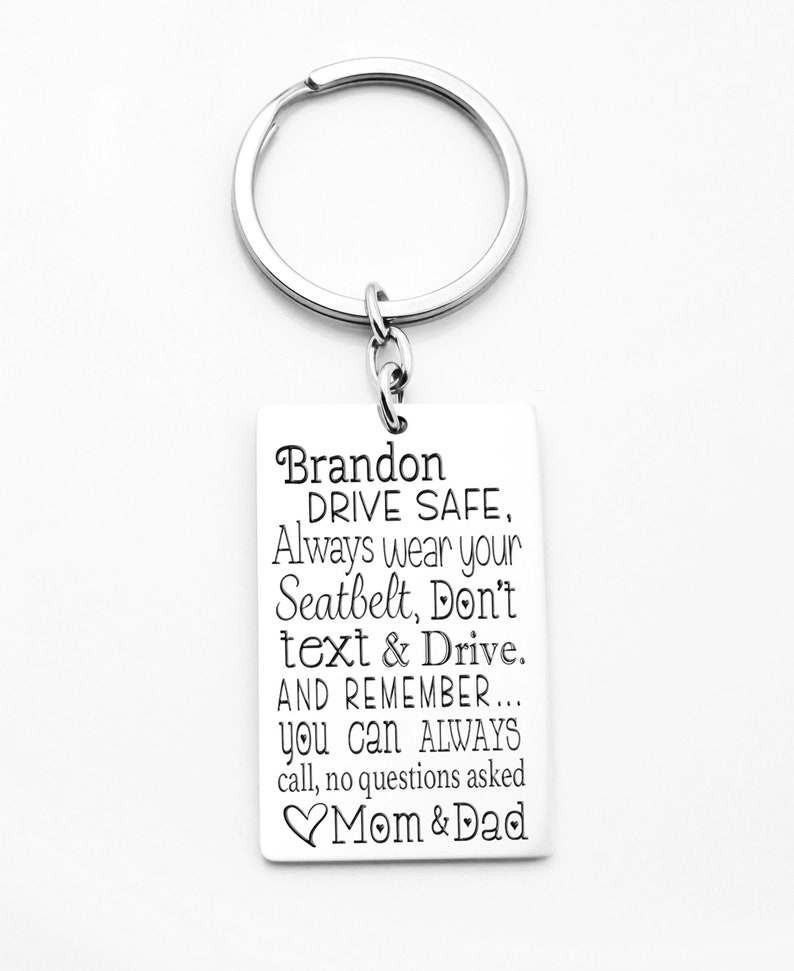 Customized with names quality key chain, Drive safe, wear your seatbelt, gift for teen, new driver, sweet 16 gift, don't text and drive image 1
