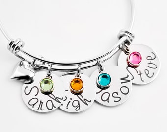 Custom name Bangle bracelet, You choose number of names, Personalized with Names and crystal, Gift for grandma, mom, nana, Mothers day,